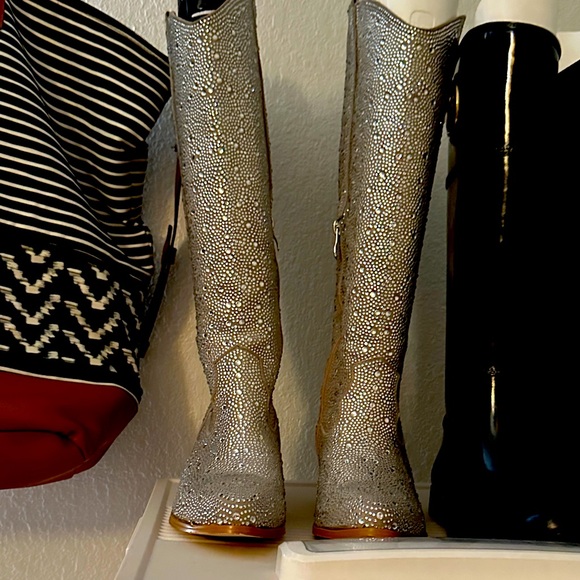 Shoes - Elegant crystal cowboy boots Silver Women's Knee-High Boots never worn